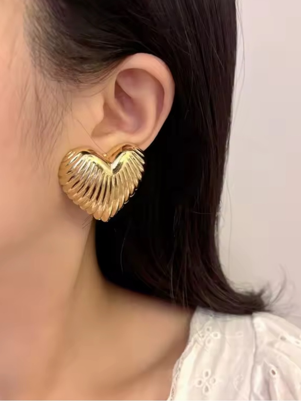 Gold Ribbed Heart Clip-On Earrings